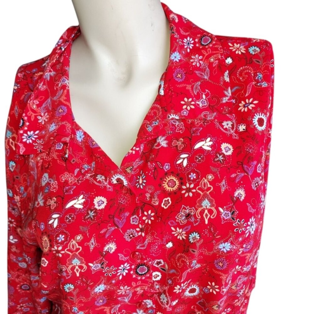 Christopher and Banks Size XL Women's Floral 3/4 Sleeve Red Button Down Top - Picture 5 of 16